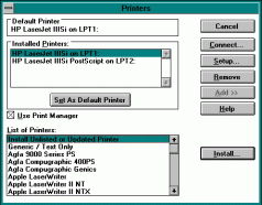 Figure 10: Main Windows 3.1 printer setup dialog box.
