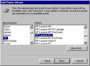 Figure 11: Screen from Windows 95 Add Printer wizard.